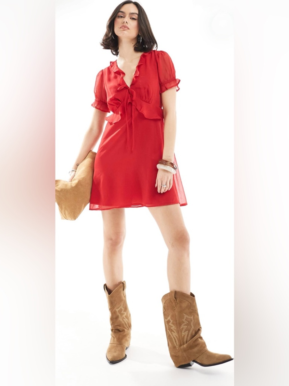 Wednesday’s girl Ruffled Tie-Front Red Mini Dress